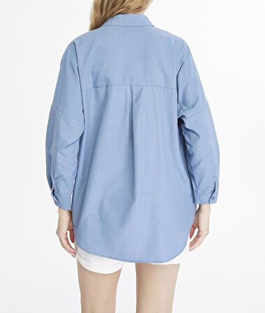 Kadın Oversize Uzun Basic Gömlek - İNDİGO