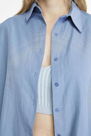 Kadın Oversize Uzun Basic Gömlek - İNDİGO
