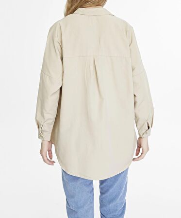 Kadın Oversize Uzun Basic Gömlek - KOYU KREM