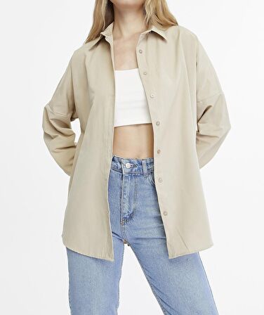 Kadın Oversize Uzun Basic Gömlek - KOYU KREM