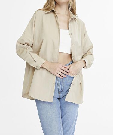 Kadın Oversize Uzun Basic Gömlek - KOYU KREM