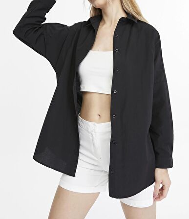 Kadın Oversize Uzun Basic Gömlek - SİYAH