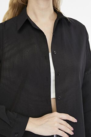 Kadın Oversize Uzun Basic Gömlek - SİYAH