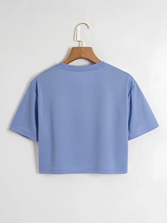 Kadın Oversize Bisiklet Yaka Düz Crop T-shirt - MAVİ