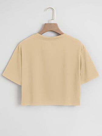 Kadın Oversize Bisiklet Yaka Düz Crop T-shirt - BEJ