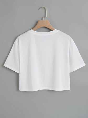 Kadın Oversize Bisiklet Yaka Düz Crop T-shirt - BEYAZ