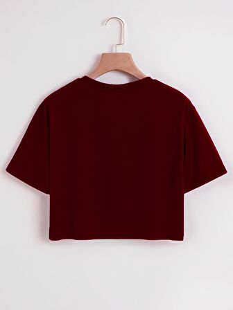 Kadın Oversize Bisiklet Yaka Düz Crop T-shirt - BORDO