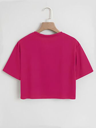 Kadın Oversize Bisiklet Yaka Düz Crop T-shirt - FUŞYA