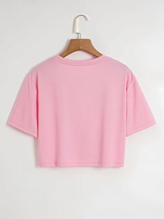 Kadın Oversize Bisiklet Yaka Düz Crop T-shirt - PEMBE
