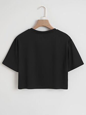 Kadın Oversize Bisiklet Yaka Düz Crop T-shirt - SİYAH