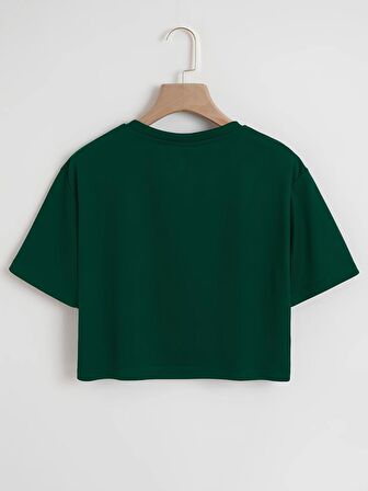 Kadın Oversize Bisiklet Yaka Düz Crop T-shirt - YEŞİL