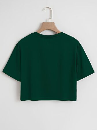 Kadın Oversize Bisiklet Yaka Düz Crop T-shirt - YEŞİL