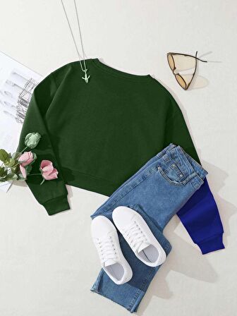 Kadın Basic Crop İçi Polarlı Oversize Sweatshirt - YEŞİL