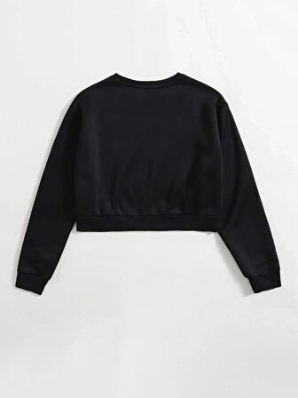 Kadın Basic Crop İçi Polarlı Oversize Sweatshirt - SİYAH
