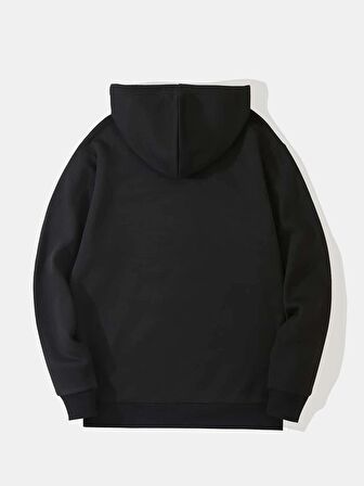 Unisex Basic Düz Renk Kapüşonlu İçi Yumuşak Polarlı Oversize Sweatshirt - SİYAH
