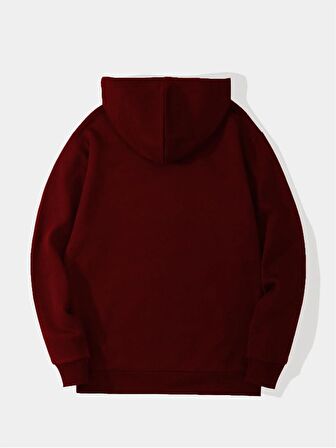 Unisex Basic Düz Renk Kapüşonlu İçi Yumuşak Polarlı Oversize Sweatshirt - BORDO