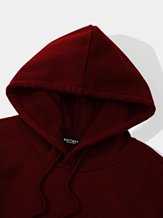 Unisex Basic Düz Renk Kapüşonlu İçi Yumuşak Polarlı Oversize Sweatshirt - BORDO