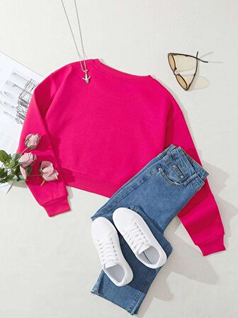 Kadın Basic Crop İçi Polarlı Oversize Sweatshirt - FUŞYA