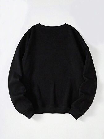 Unisex Oversize Bisiklet Yaka Basic Düz Sweatshirt - SİYAH