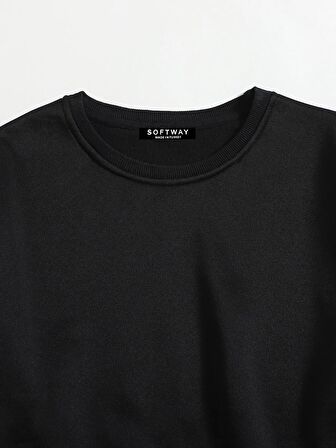 Unisex Oversize Bisiklet Yaka Basic Düz Sweatshirt - SİYAH