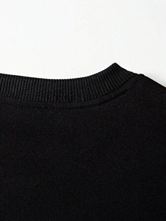 Unisex Oversize Bisiklet Yaka Basic Düz Sweatshirt - SİYAH