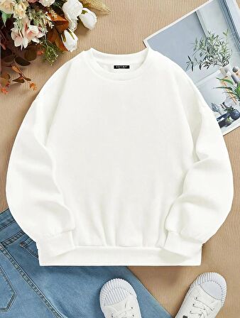 Unisex Oversize Bisiklet Yaka Basic Düz Sweatshirt - EKRU