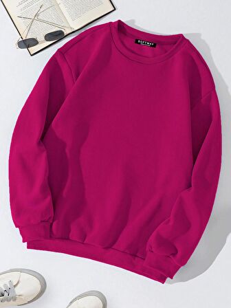 Unisex Oversize Bisiklet Yaka Basic Düz Sweatshirt - FUŞYA