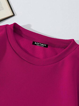 Unisex Oversize Bisiklet Yaka Basic Düz Sweatshirt - FUŞYA