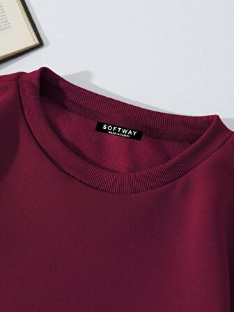 Unisex Oversize Bisiklet Yaka Basic Düz Sweatshirt - BORDO
