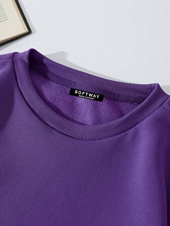 Unisex Oversize Bisiklet Yaka Basic Düz Sweatshirt - MOR