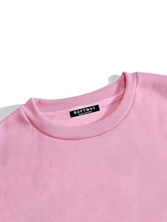 Unisex Oversize Bisiklet Yaka Basic Düz Sweatshirt - PEMBE