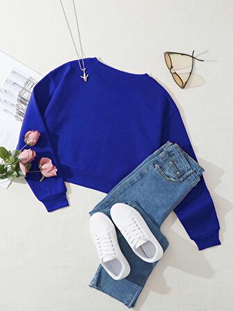 Kadın Basic Crop İçi Polarlı Oversize Sweatshirt - SAKS MAVİSİ