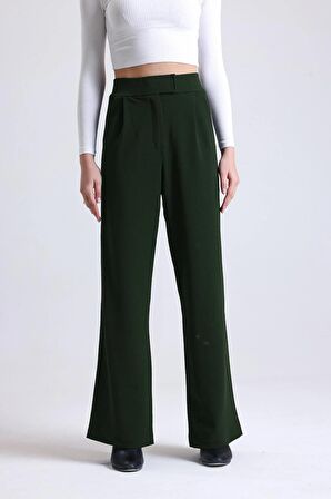 Kadın Wide Leg Likralı Cırt Kapamalı Lastikli Palazzo Pantolon - HAKİ