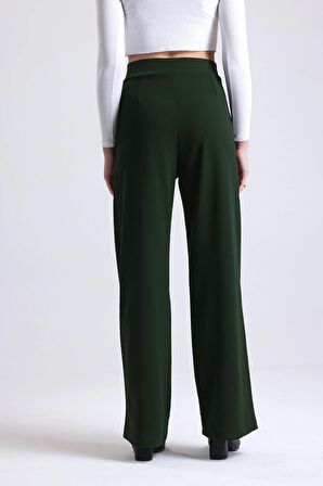 Kadın Wide Leg Likralı Cırt Kapamalı Lastikli Palazzo Pantolon - HAKİ