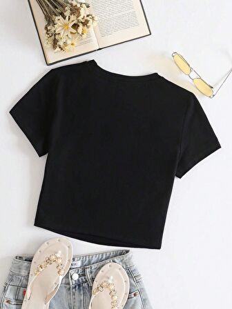 Kadın Kısa Kollu Basic Dar Kalıp Crop T-shirt - SİYAH