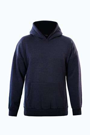 Unisex Basic Düz Renk Kapüşonlu İçi Yumuşak Polarlı Oversize Sweatshirt - LACİVERT