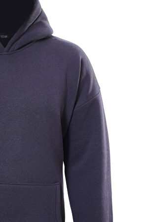 Unisex Basic Düz Renk Kapüşonlu İçi Yumuşak Polarlı Oversize Sweatshirt - LACİVERT