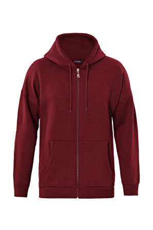 Unisex Fermuarlı Kapüşonlu Oversize Sweatshirt - BORDO