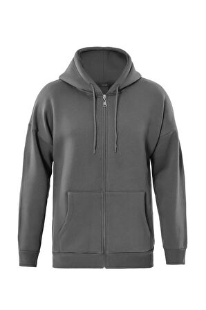 Unisex Fermuarlı Kapüşonlu Oversize Sweatshirt - FÜME