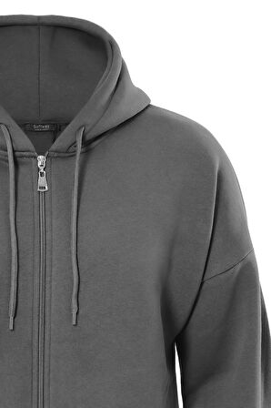 Unisex Fermuarlı Kapüşonlu Oversize Sweatshirt - FÜME