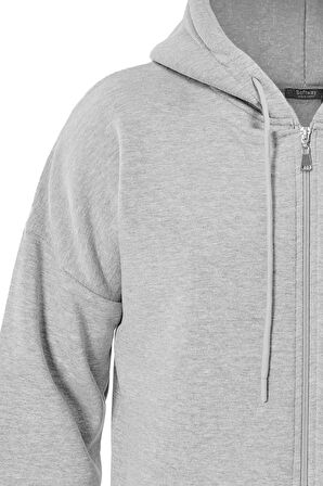 Unisex Fermuarlı Kapüşonlu Oversize Sweatshirt - GRİ