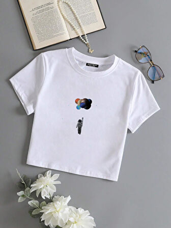 Kadın Kısa Kollu Basic Dar Kalıp Balloon Astronaut Baskılı Crop T-shirt - BEYAZ