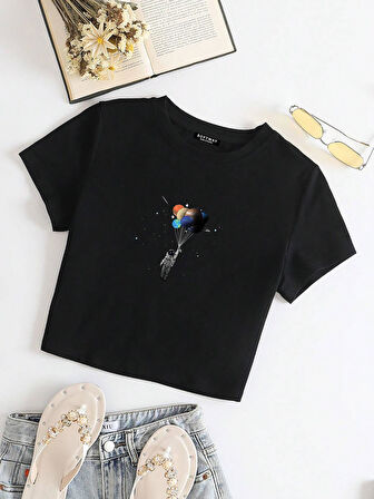 Kadın Kısa Kollu Basic Dar Kalıp Balloon Astronaut Baskılı Crop T-shirt - SİYAH