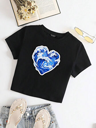 Kadın Kısa Kollu Basic Dar Kalıp Ocean Heart Baskılı Crop T-shirt - SİYAH