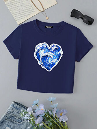 Kadın Kısa Kollu Basic Dar Kalıp Ocean Heart Baskılı Crop T-shirt - İNDİGO