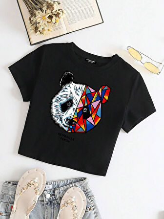 Kadın Kısa Kollu Basic Dar Kalıp Heiparman Panda Baskılı Crop T-shirt - SİYAH