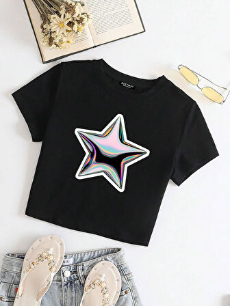 Kadın Kısa Kollu Basic Dar Kalıp Shining Metallic Star Baskılı Crop T-shirt - SİYAH