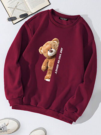 Unisex Oversize Bisiklet Yaka Basic Are You Ok Honey Baskılı Sweatshirt - BORDO