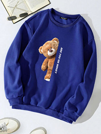 Unisex Oversize Bisiklet Yaka Basic Are You Ok Honey Baskılı Sweatshirt - SAKS MAVİSİ