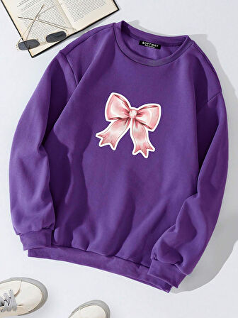 Unisex Oversize Bisiklet Yaka Basic Powder Pink Ribbom Baskılı Sweatshirt - MOR